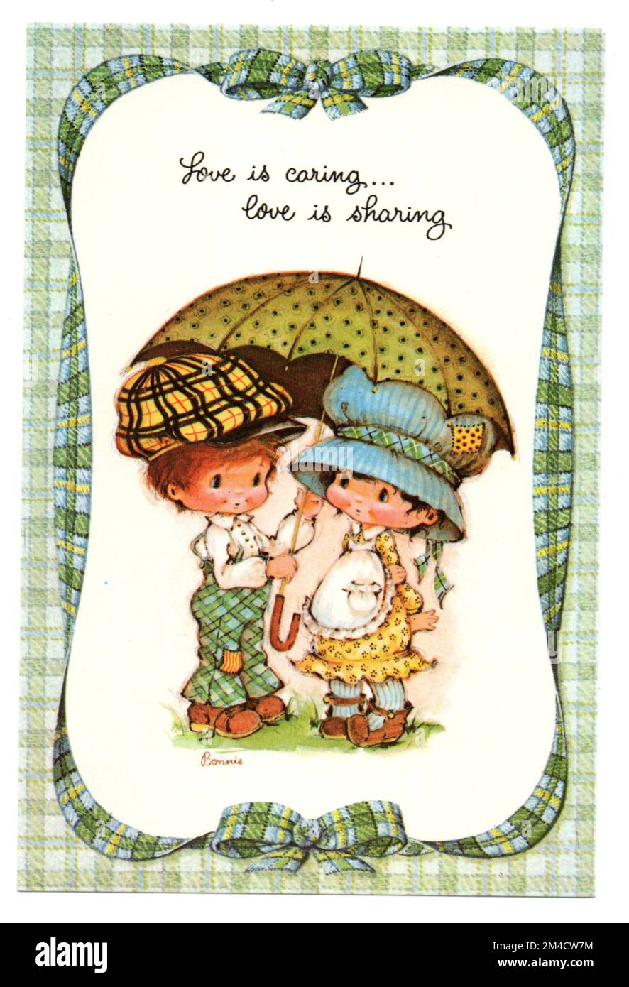 Bonny Bonnet - „Love is Caring…Love is Sharing“ von Raphael Tuck - 1890er Vintage Postcard Stockfoto