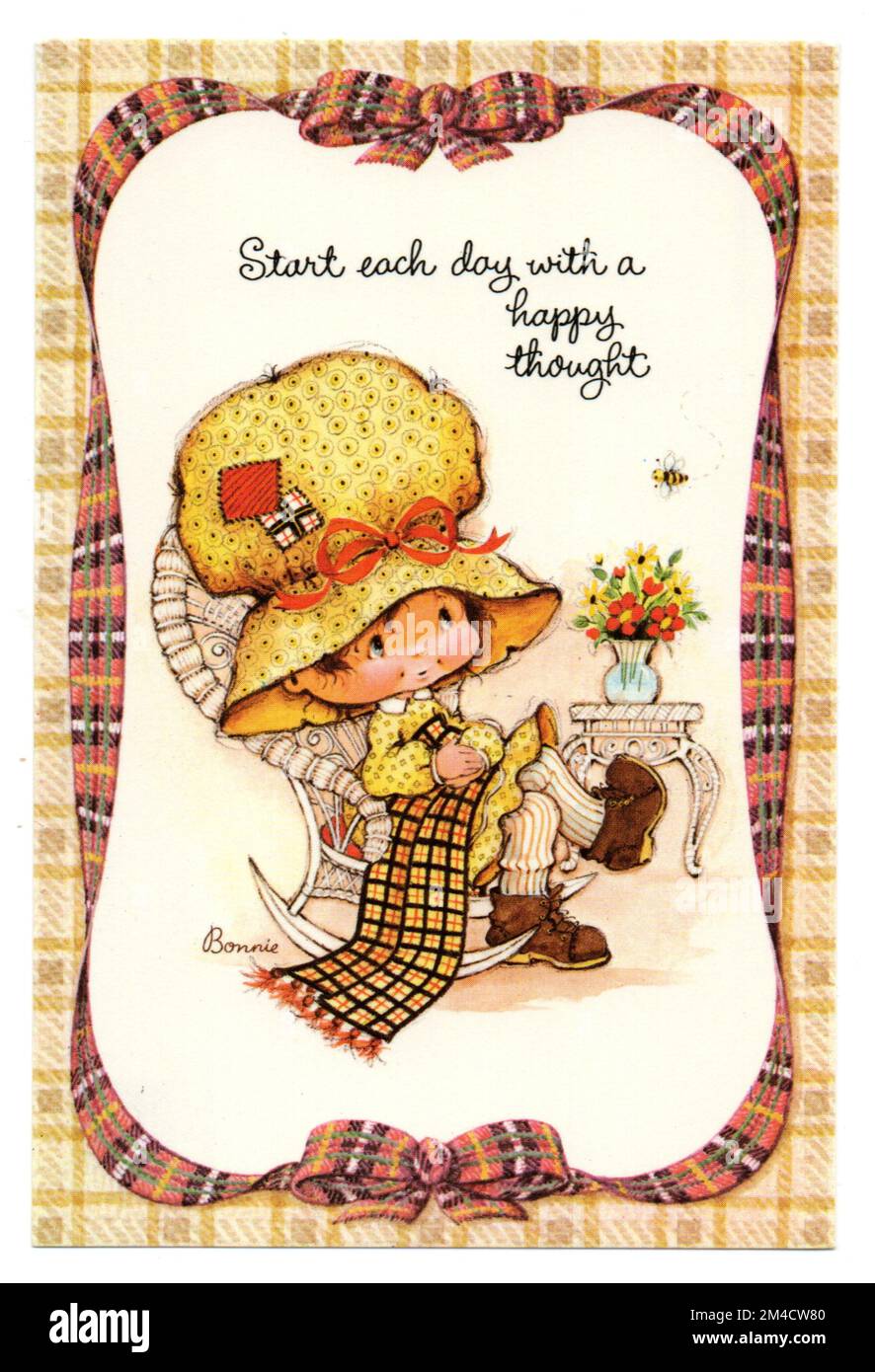 Bonny Bonnet – „Start Each with A Happy Think“ von Raphael Tuck – 1980er Vintage Postkarte Stockfoto