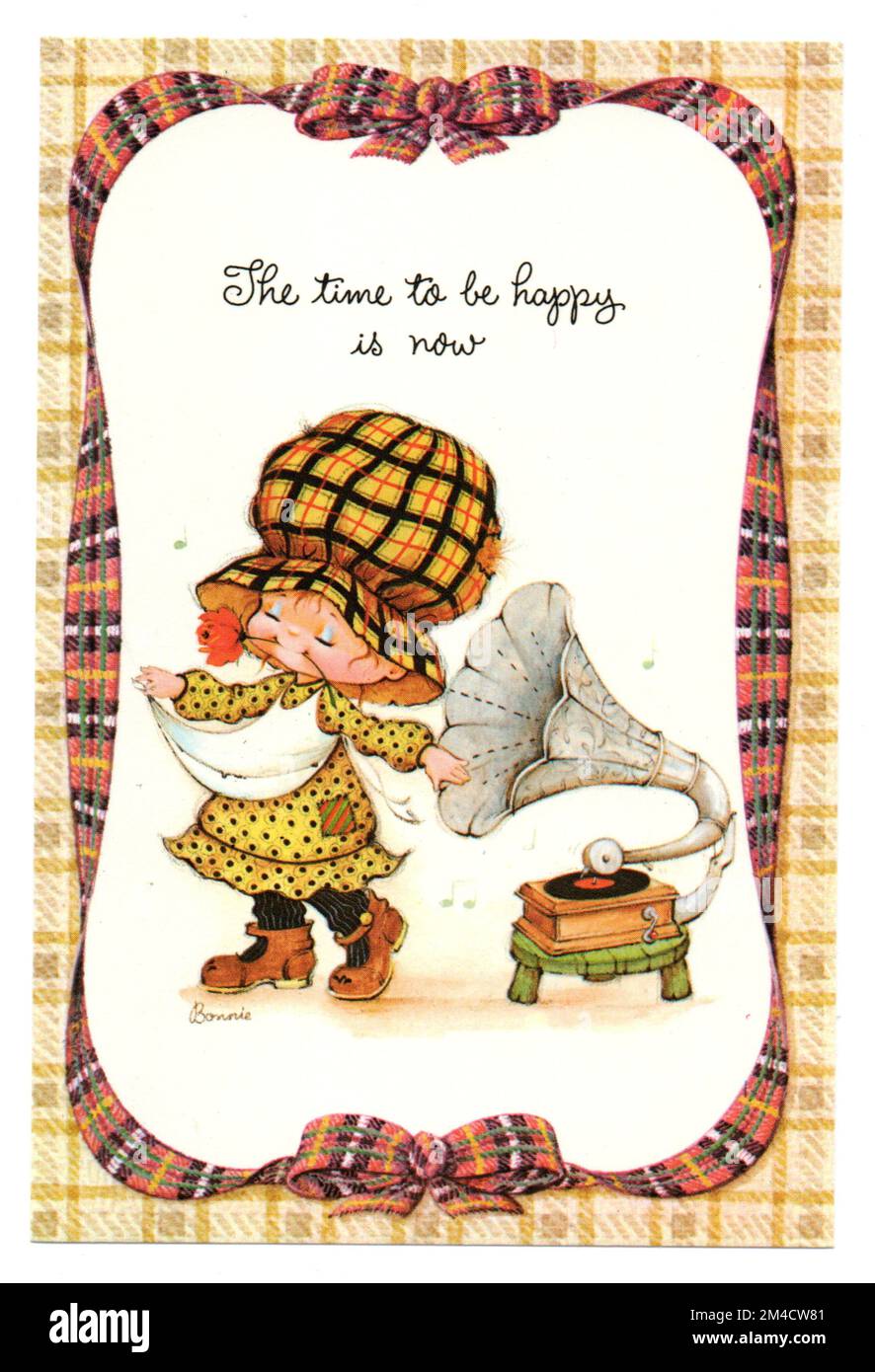 Bonny Bonnet – „The Time to Be Happy is Now“ von Raphael Tuck – 1890er Vintage Postkarte Stockfoto