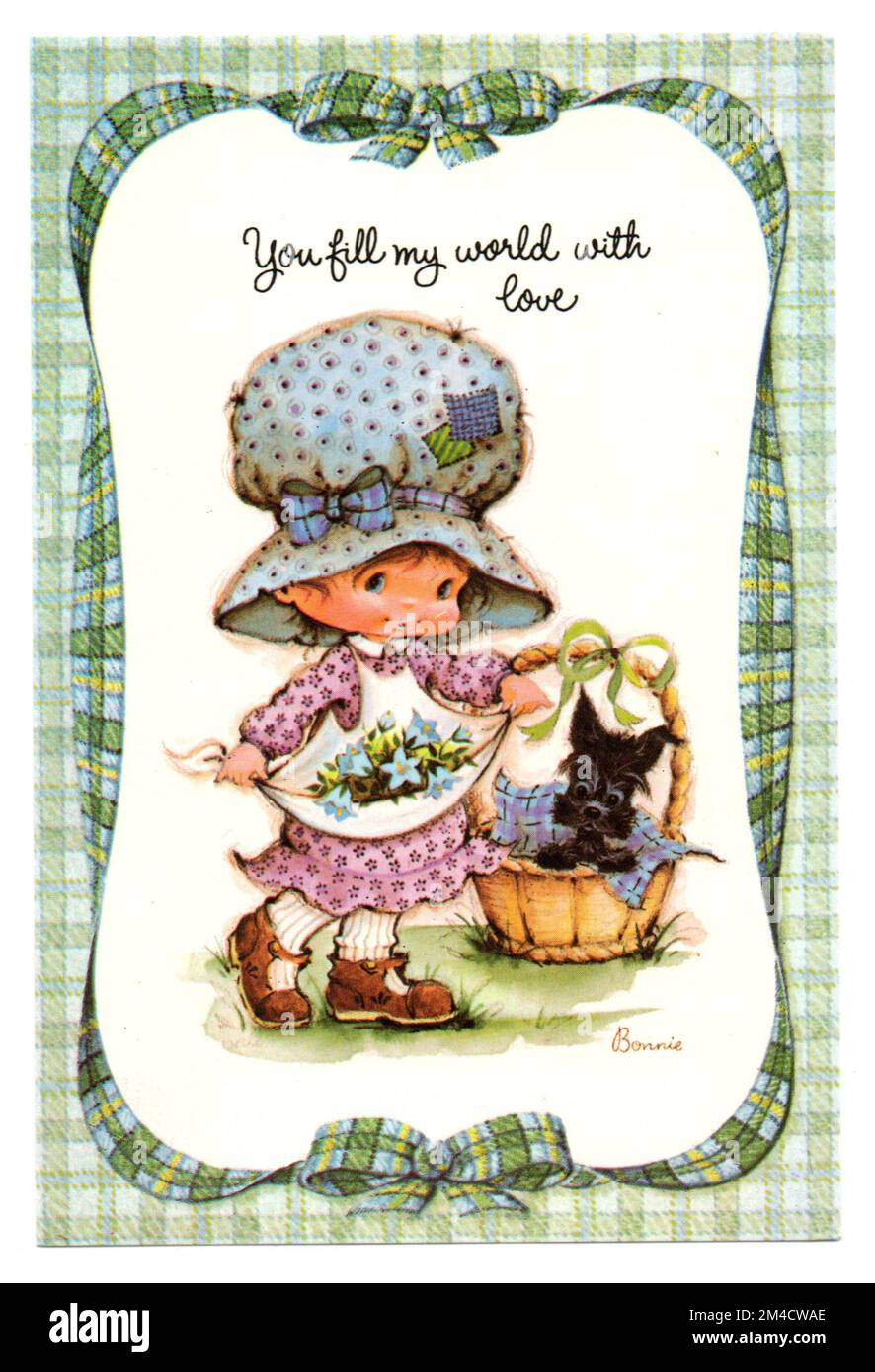 Bonny Bonnet - „You Fill My World with Love“ von Raphael Tuck - 1890er Vintage Postkarte Stockfoto