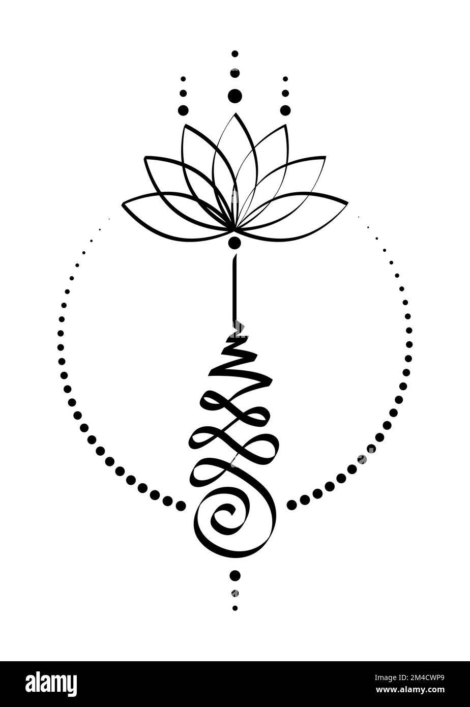 Unscheinbares Lotusblütensymbol, Hindu- oder buddhistisches Zeichen, das den Weg zur Erleuchtung darstellt. Ein Symbol für ein handgezeichnetes Yantras-Tattoo. Einfache schwarz-weiße Tinte Stock Vektor
