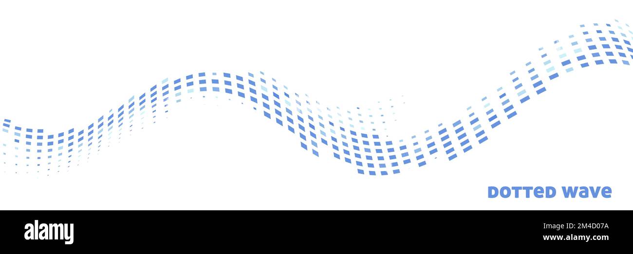 Abstrakte gepunktete Welle mit blauen Quadraten. Breites grafisches Vektormuster Stock Vektor