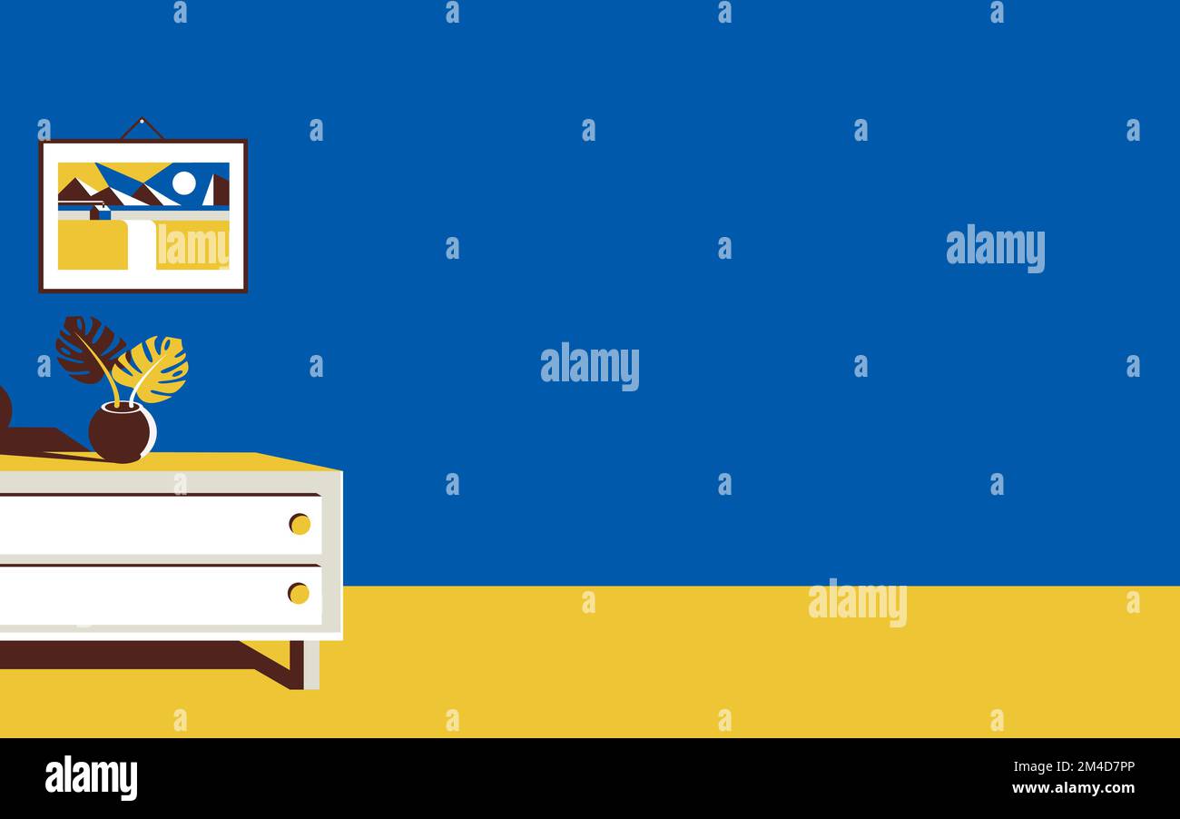 Wunderschöne Vektordarstellung einer gemütlichen Inneneinrichtung oder eines Wohnzimmers mit Kopierbereich. Ein kreativer Raum mit Möbeln in trendigen Grau-, Blau- und Gelbtönen Stock Vektor