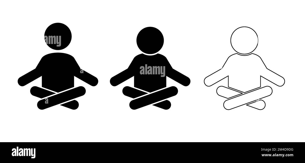 Entspannung, Meditation Yoga-Symbol oder Symbol. Stickman, Strichmännchen sitzen mit überkreuzten Beinen und Fitness-Workout. lotus-Position-Silhouette. Leute Medizin Stockfoto