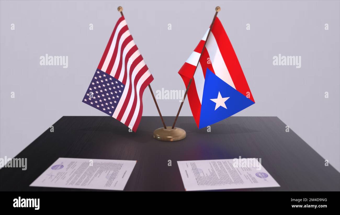 Puerto Rico und USA am Verhandlungstisch. 3D-Illustration aus Wirtschaft und Politik. Nationalflaggen, Diplomatie-Deal. Internationales Abkommen. Stockfoto