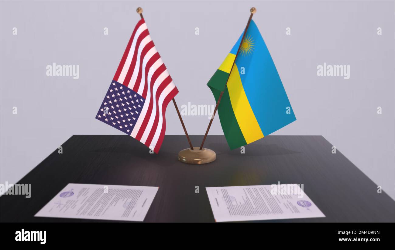 Ruanda und USA am Verhandlungstisch. 3D-Illustration aus Wirtschaft und Politik. Nationalflaggen, Diplomatie-Deal. Internationales Abkommen. Stockfoto