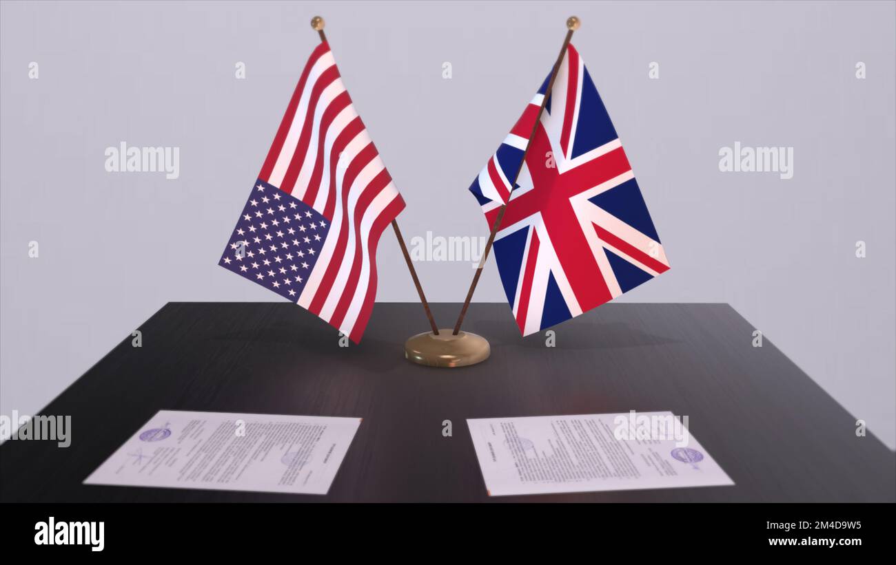 Großbritannien, Großbritannien und USA am Verhandlungstisch. 3D-Illustration aus Wirtschaft und Politik. Nationalflaggen, Diplomatie-Deal. Internationales Abkommen. Stockfoto