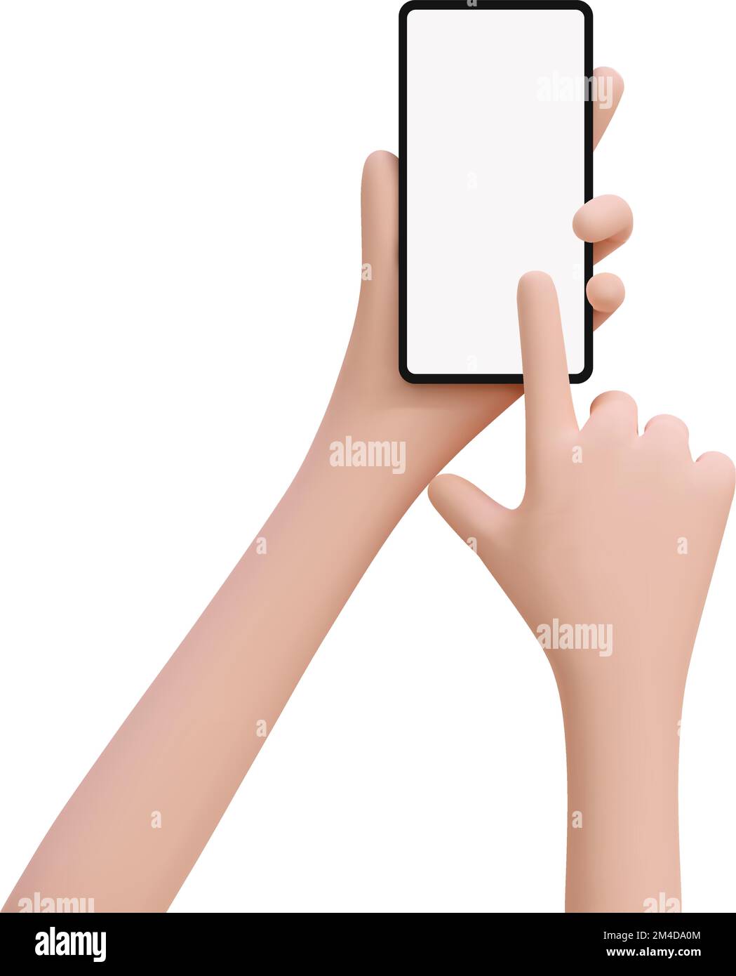 3D niedliche Cartoon-Hand, die das Smartphone hält und mit dem Finger berührt, auf den leeren Bildschirm des Smartphones zeigt, scrollt, sucht. Modell, Vorlage Stock Vektor