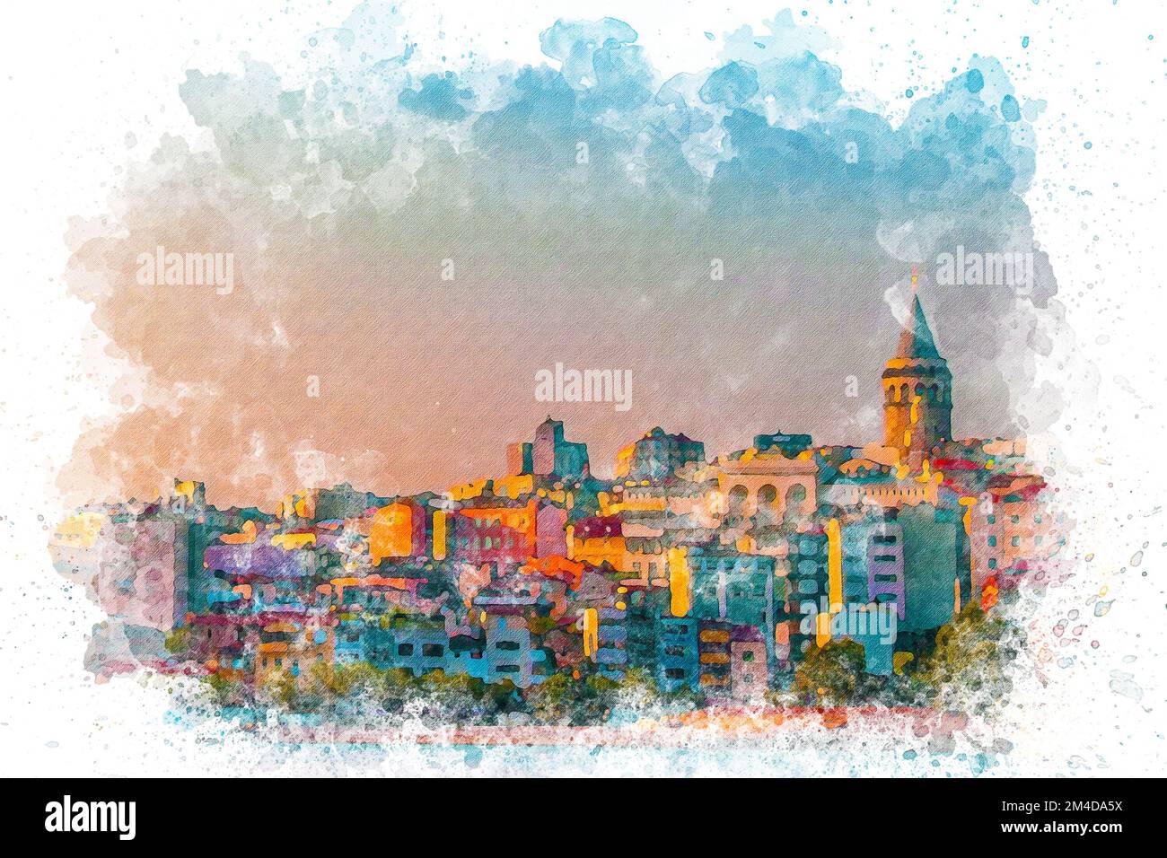 Aquarell-Galataturm und Blick auf Istanbul. Stockfoto