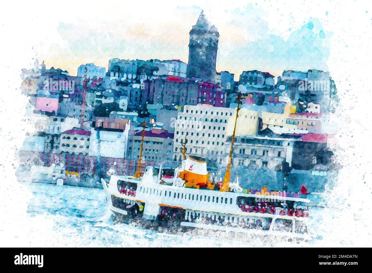 Aquarelle Art Passagierfähre, die durch den Bosporus und den Galata-Turm fährt Stockfoto