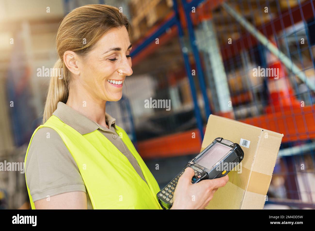 Glückliche Mitarbeiterin mit Strichcode-Scanner, scannt den Strichcode des Pakets, steht im Lager Stockfoto