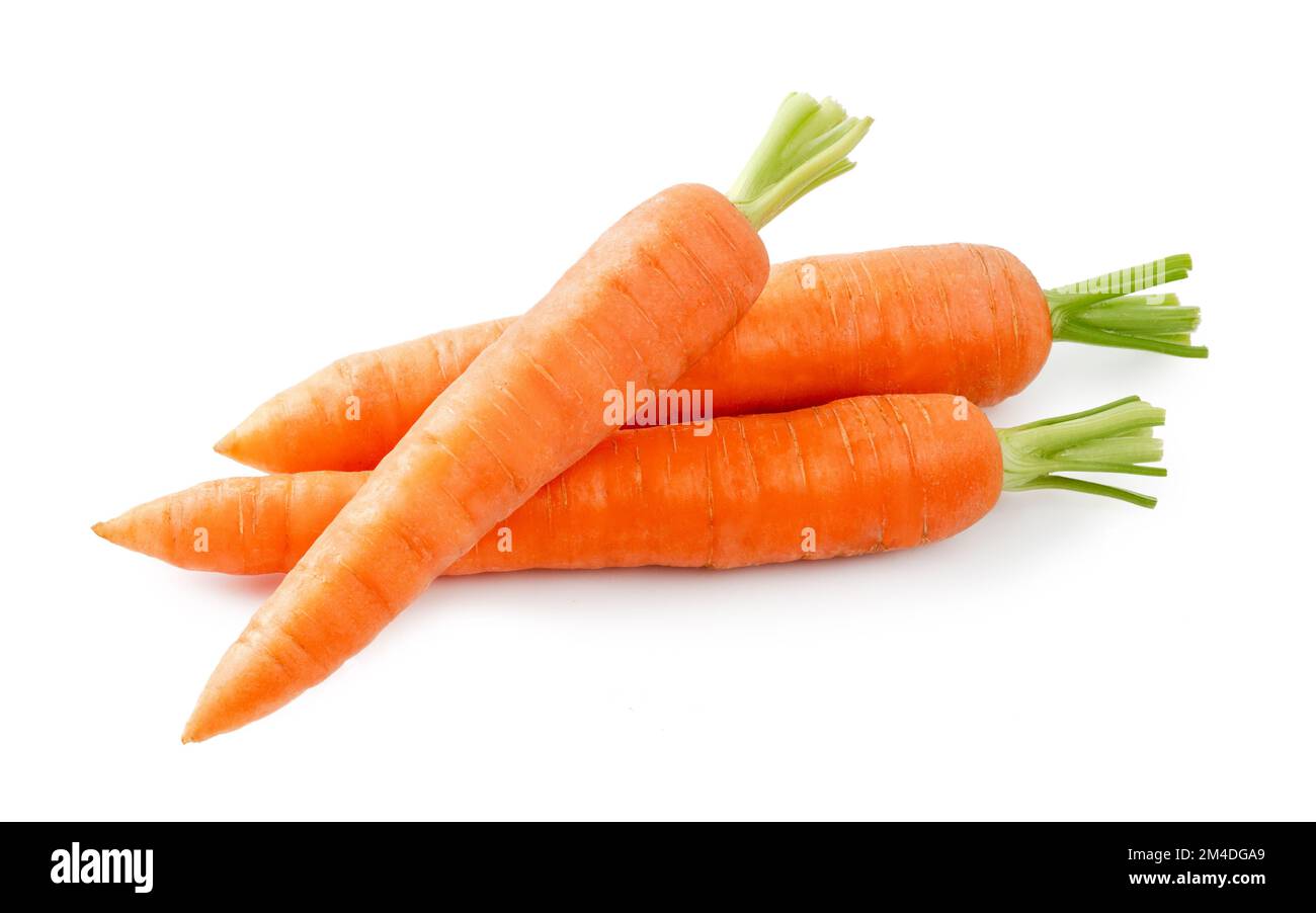 Frische Karotten isoliert. Zwei ganze Karotten und eine Hälfte Karotte auf weißem Hintergrund. Stockfoto