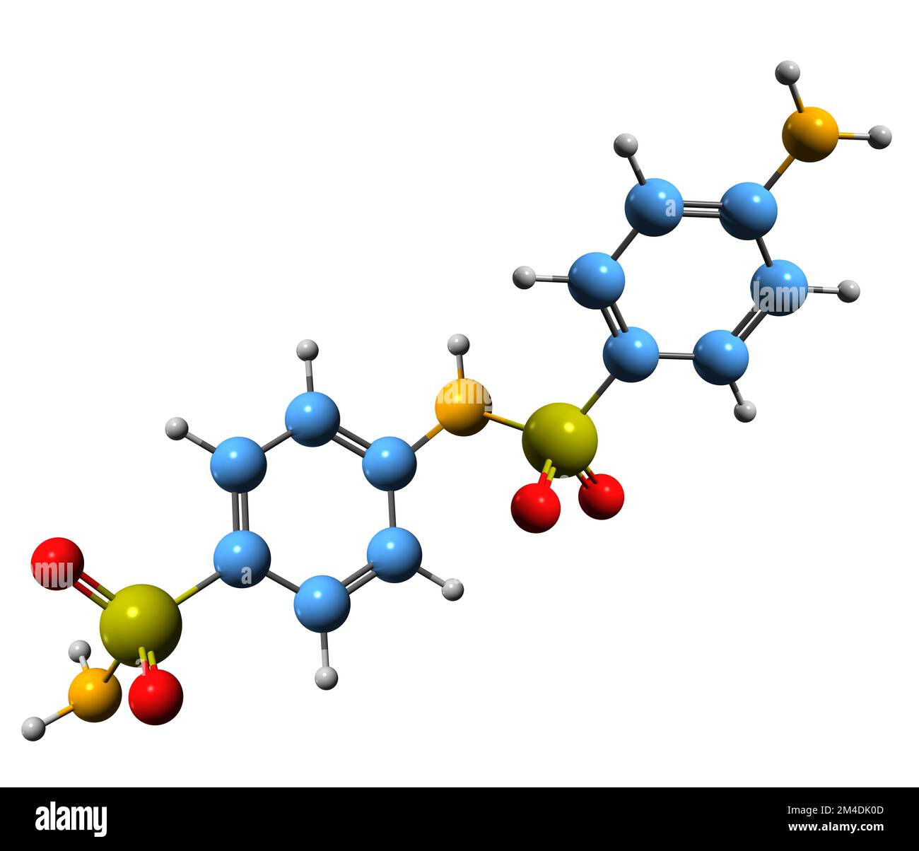 3D-Bild der N4-Sulfanilylsulfanilamid-Skelettformel - molekularchemische Struktur von Sulfonamid isoliert auf weißem Hintergrund Stockfoto