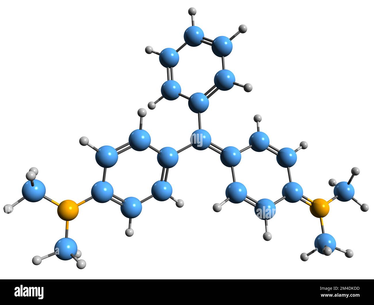 3D-Bild der Malachitgrün-Skelettformel - molekularchemische Struktur des Farbstoffes, isoliert auf weißem Hintergrund Stockfoto