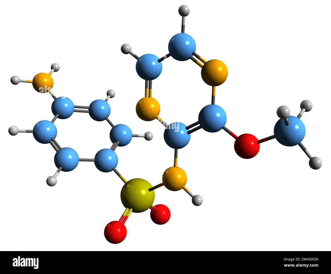 3D-Bild einer Sulfamethoxypyrazin-Skelettformel - molekularchemische Struktur eines auf weißem Hintergrund isolierten langwirksamen Sulfonamid-Antibiotikums Stockfoto