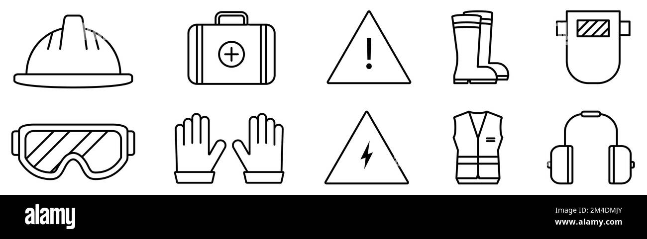 Symbole für Arbeitssicherheitsleitungen. Die Kollektion enthält Helm, reflektierende Weste, Handschuhe, Arbeitskleidung und andere. Vektordarstellung Stock Vektor
