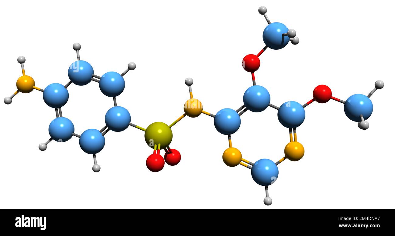 3D-Bild der Sulfadoxin-Skelettformel - molekularchemische Struktur von Sulfonamid isoliert auf weißem Hintergrund Stockfoto