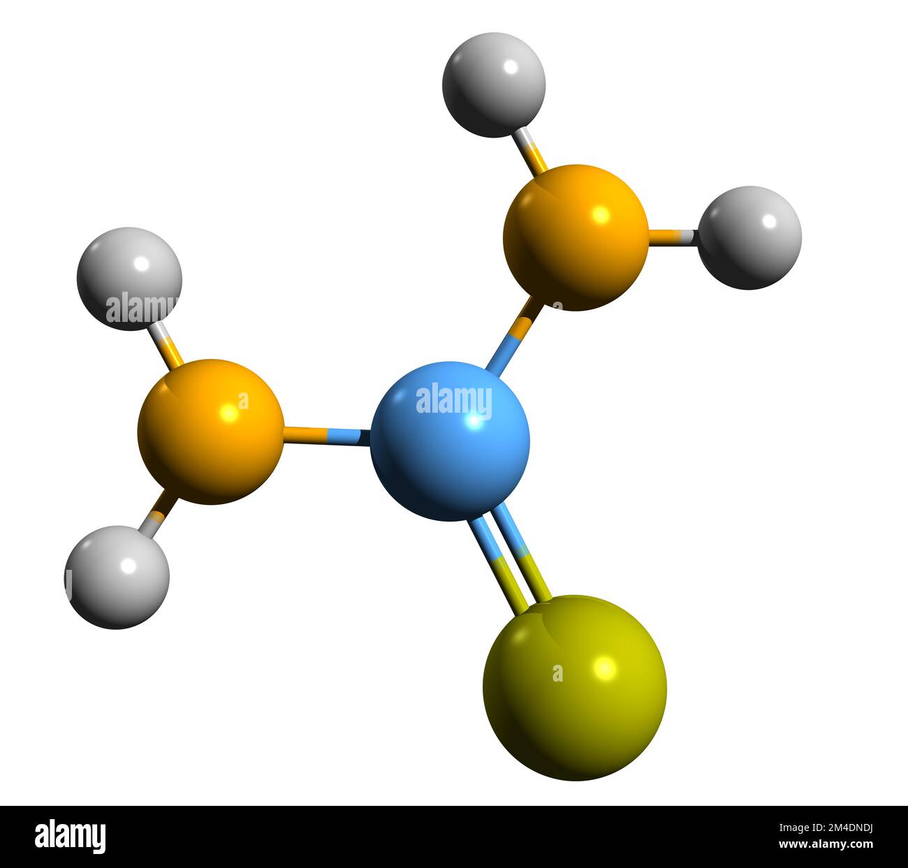 3D-Bild der Thiourea-Skelettformel - molekularchemische Struktur von Thiocarbamid isoliert auf weißem Hintergrund Stockfoto