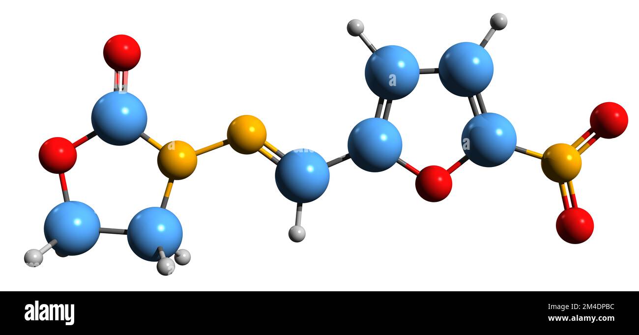 3D-Bild der Furazolidon-Skelettformel - molekularchemische Struktur des auf weißem Hintergrund isolierten Nitrofuran-Antibakteriums Stockfoto