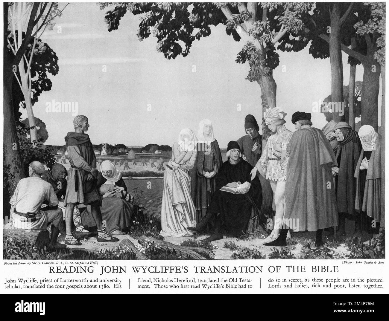 Halbton von Leuten, die John Wycliffes Übersetzung der Bibel aus einer Lehrzeitschrift aus dem Jahr 1927 lesen. Stockfoto