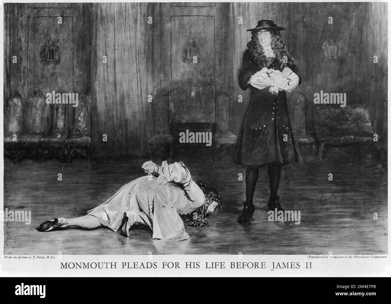 Halbton von Monmouth, der vor James II um sein Leben bettelte, aus einer pädagogischen Publikation im Jahre 1927. Stockfoto