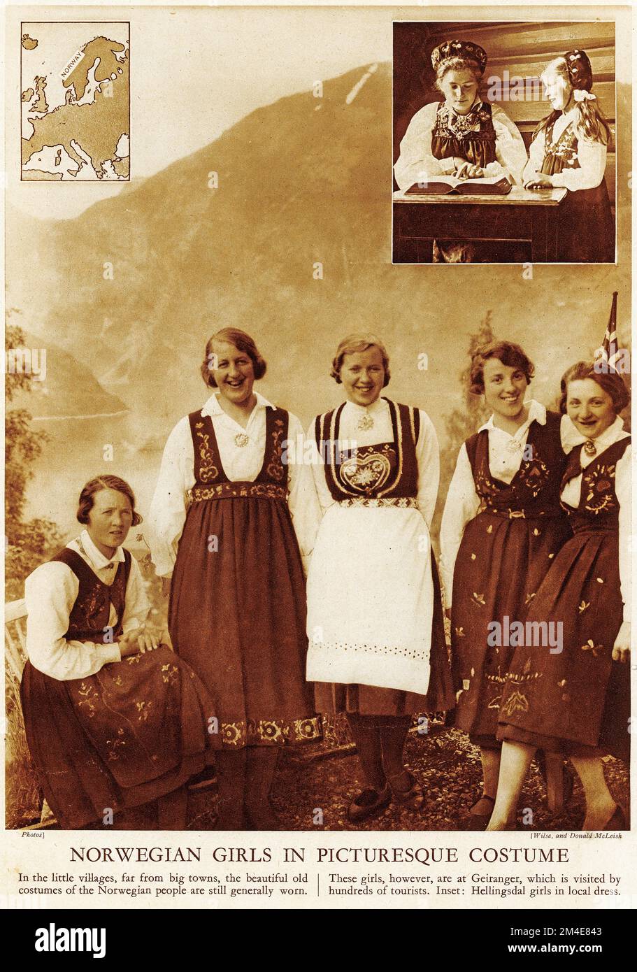 Halbton norwegischer Mädchen in malerischen Kostümen, aus einer Lehrzeitschrift 1927. Stockfoto