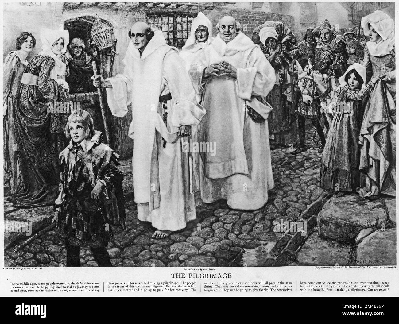 Halbton von Pilgerreisenden im Mittelalter, aus einer Lehrmappe 1927. Stockfoto