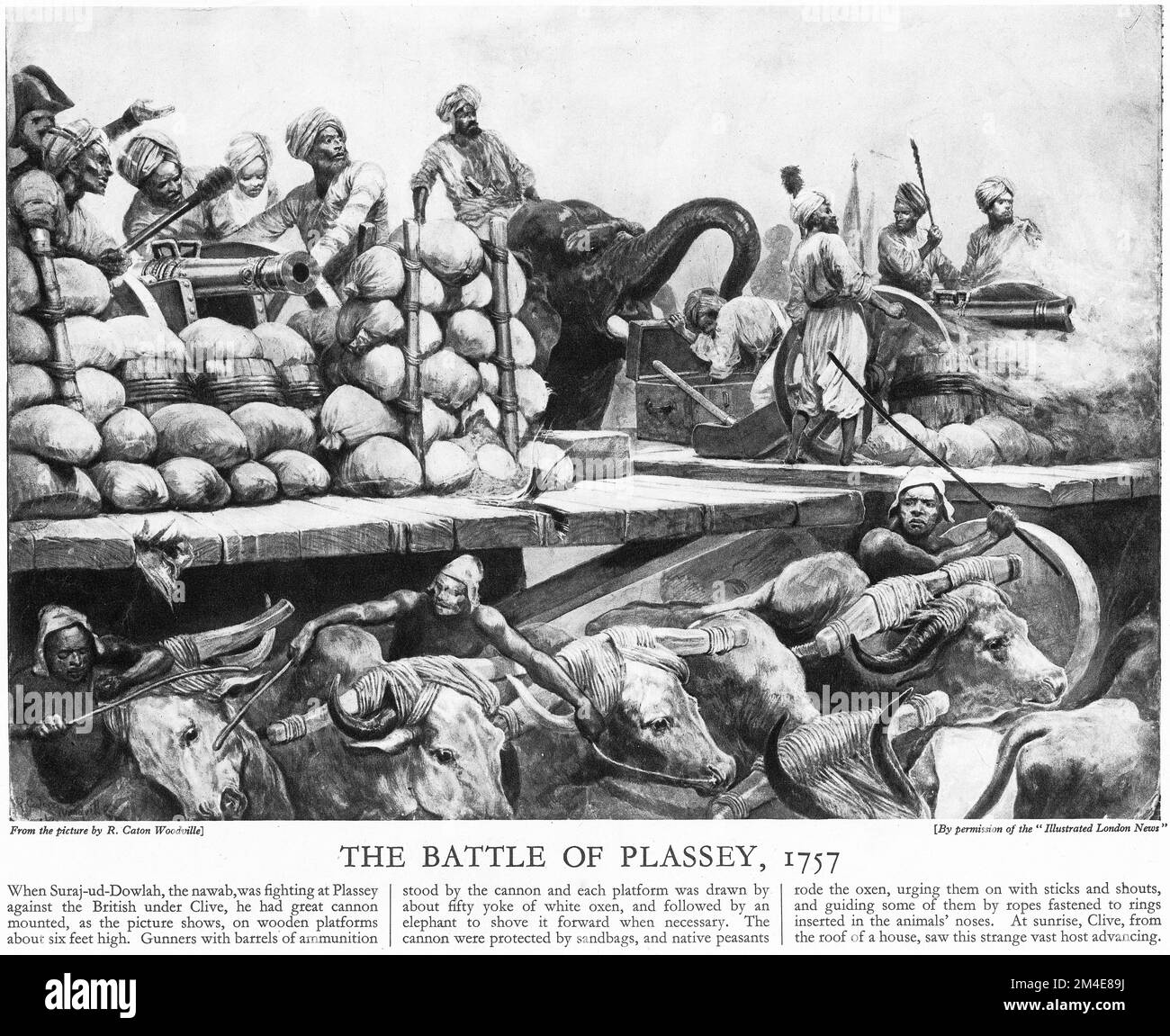 Halbton von Indianern, die ihre Kanonen für die Schlacht von Plassey am 23. Juni 1757 vorbereiten, aus einer Lehrzeitschrift, 1927. Die Schlacht endete als entscheidender Sieg der British East India Company unter der Führung von Robert Clive. Über den Nawab von Bengal und seine französischen Verbündeten. Stockfoto