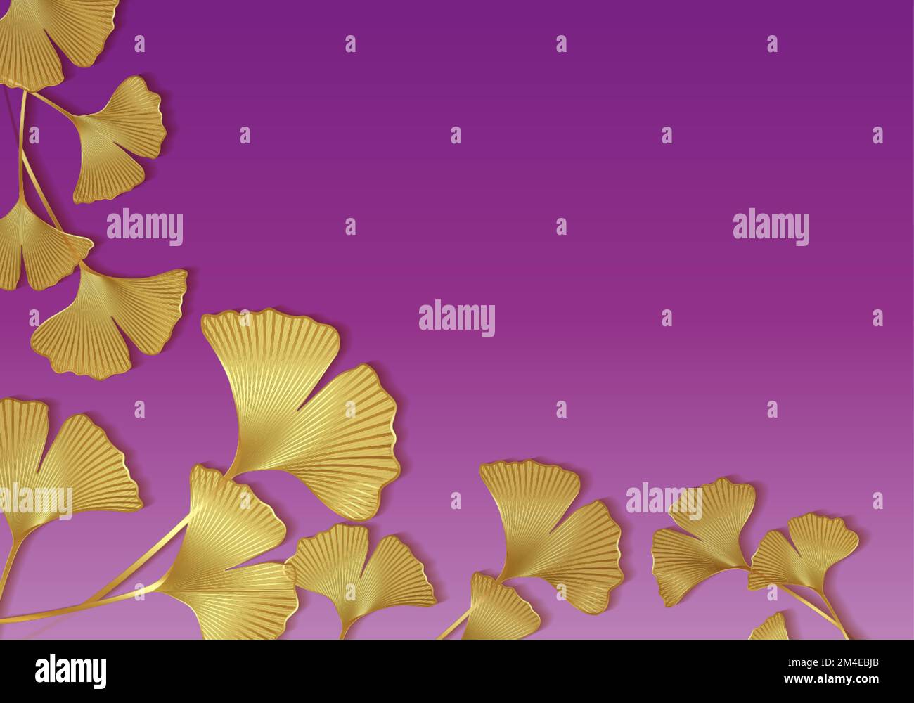 Goldrahmen von Ginkgo-biloba-Blättern isoliert auf violettem Hintergrund. Goldener Luxusrand mit Blumenblättern. Vektordarstellung - Vorlage für botanisches Design Stock Vektor