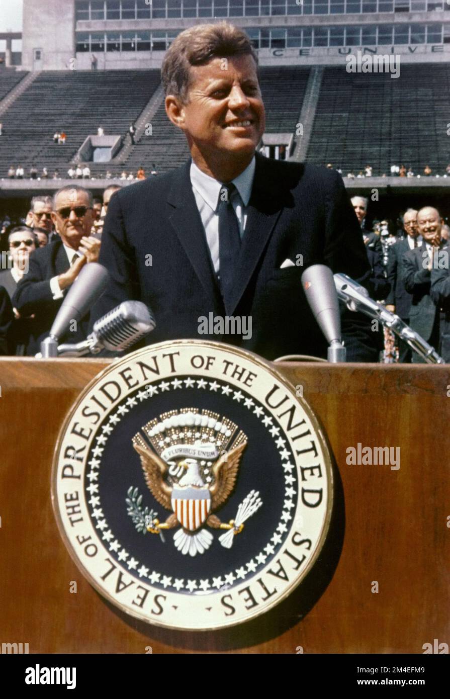 Präsident John F. Kennedy sprach an der Rice University, in der er verkündete, dass die USA versuchen würden, auf dem Mond zu landen. Stockfoto