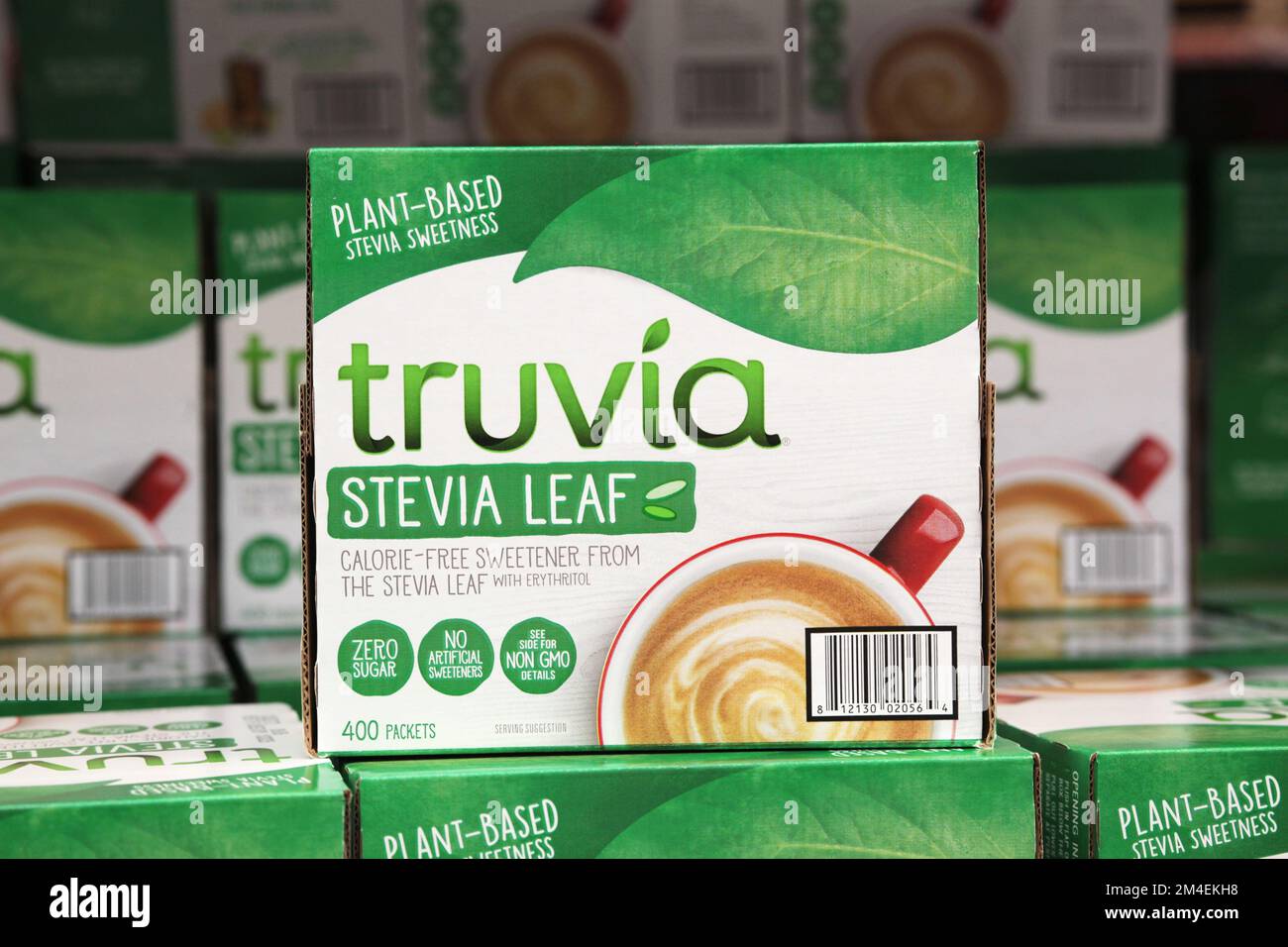 Honolulu, HI - 20. Dezember 2022: Natürlicher, kalorienfreier Zuckerersatz auf Pflanzenbasis Truvia, das Stevia-Süßungsmittel der Coca-Cola Company Cargill Stockfoto