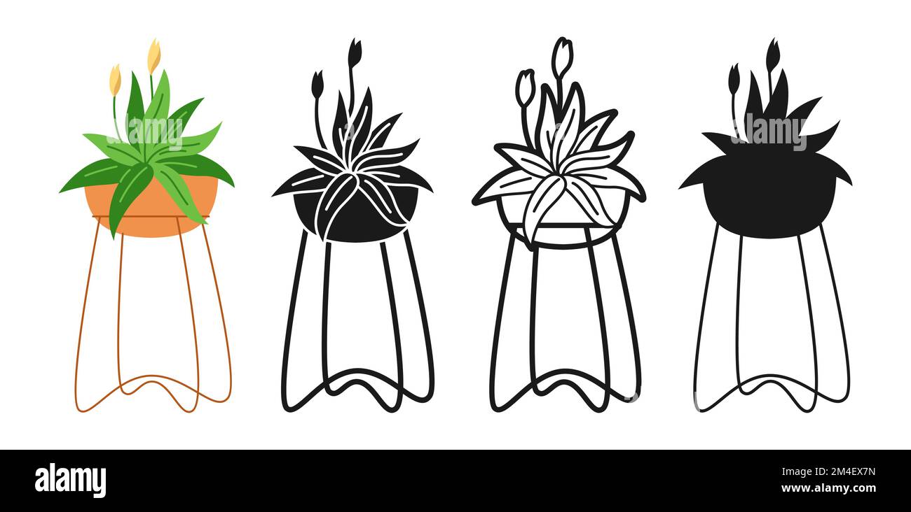Topfpflanze mit Blumenkarikatur. Blatthauspflanze im Blumentopf, Keramik-Doodle, Liniensymbol oder Silhouette-Kollektion. Moderne Bo-Ho-Zimmerpflanze im Topfinneren natürlicher trendiger Dekorvektor Stock Vektor