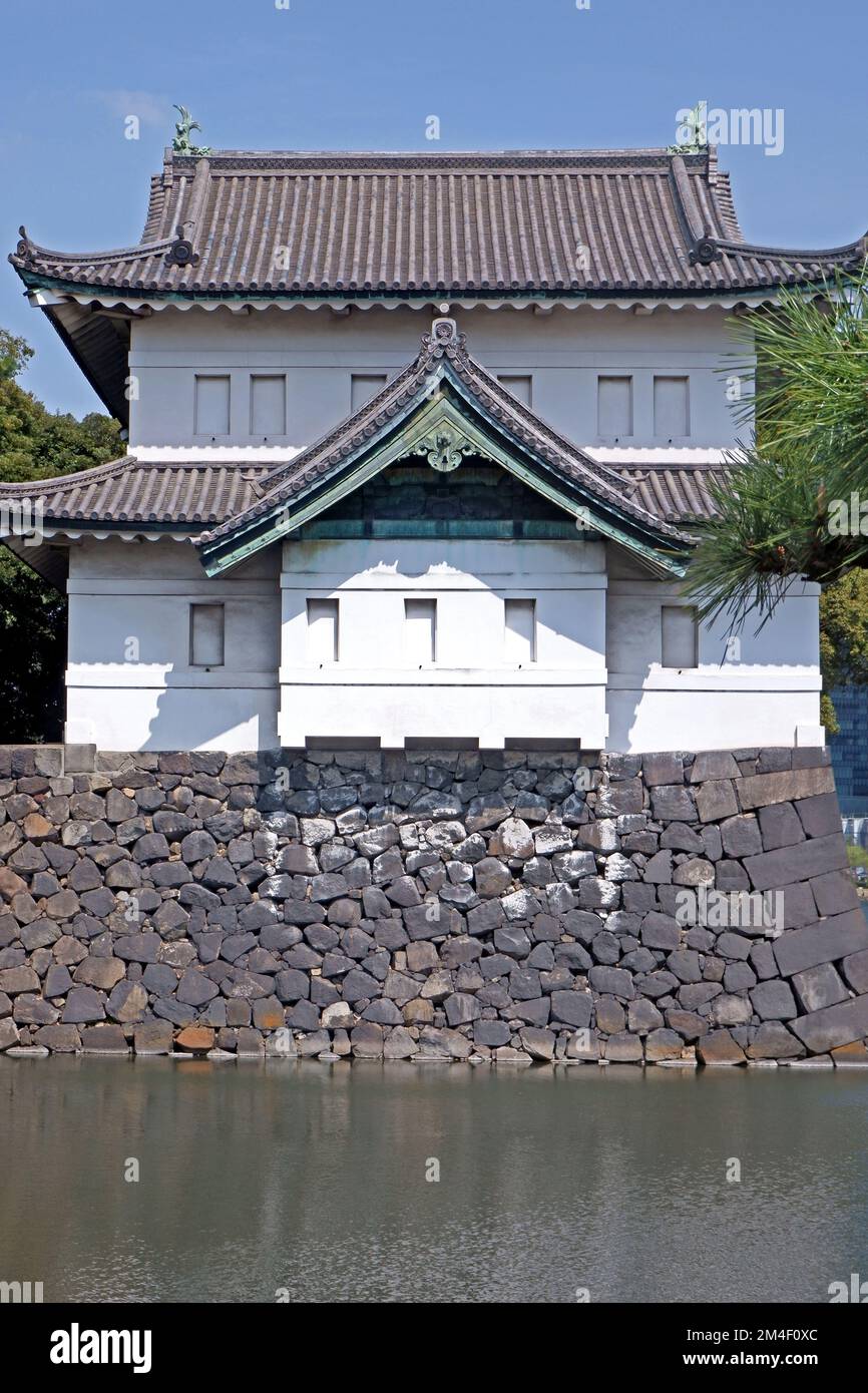 Das japanische Schloss, umrahmt mit Fluss und Kiefern im Frühling Stockfoto