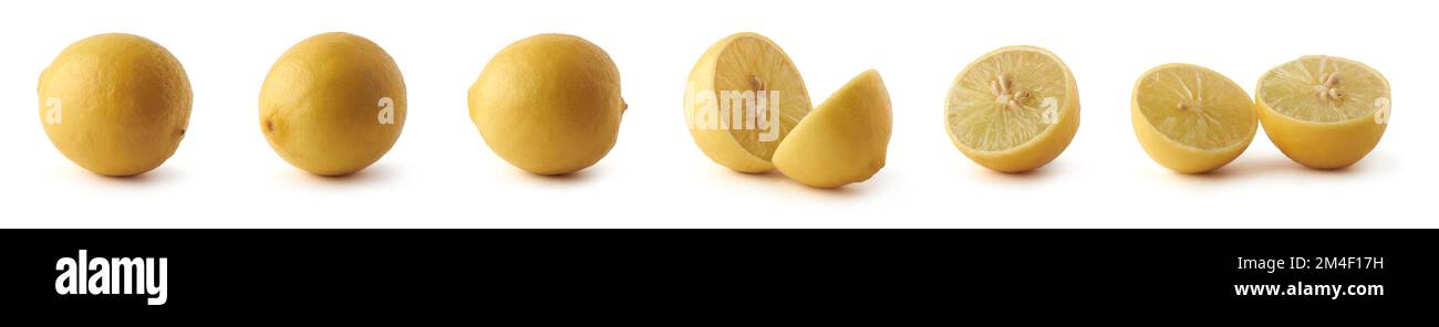 Set aus gelbem Hautkalk, reich an Vitamin C, Antioxidans und anderen Nährstoffen, Nahaufnahme von Zitrusfrüchten in verschiedenen Winkeln, isoliert auf weiß Stockfoto