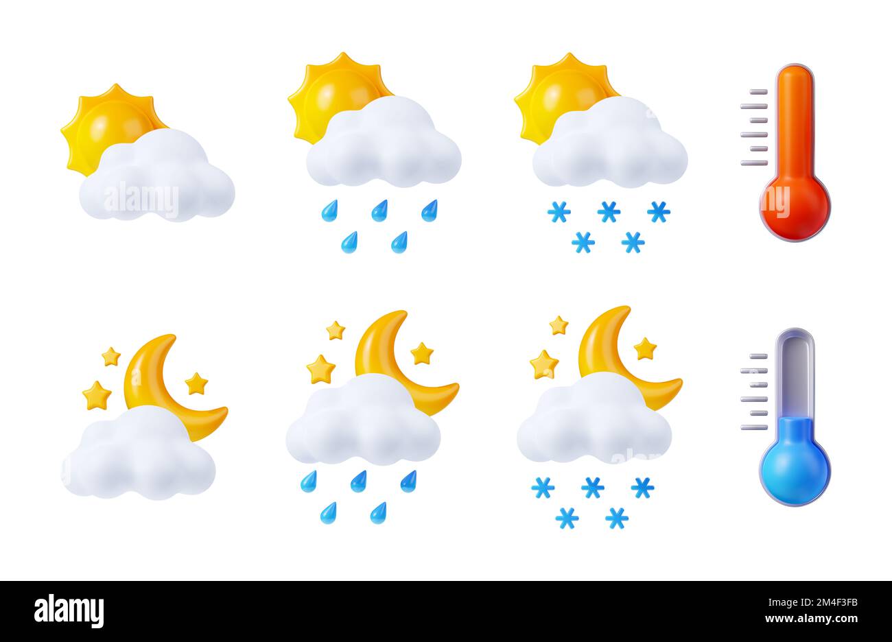 Wettervorhersage, Meteorologiesymbole mit Sonne, Mond, Wolken, Regentropfen, Schnee und Thermometern. Tag- und Nachtsymbole für Regen und Schnee, heiße und kalte Lufttemperatur, 3D Renderset Stockfoto