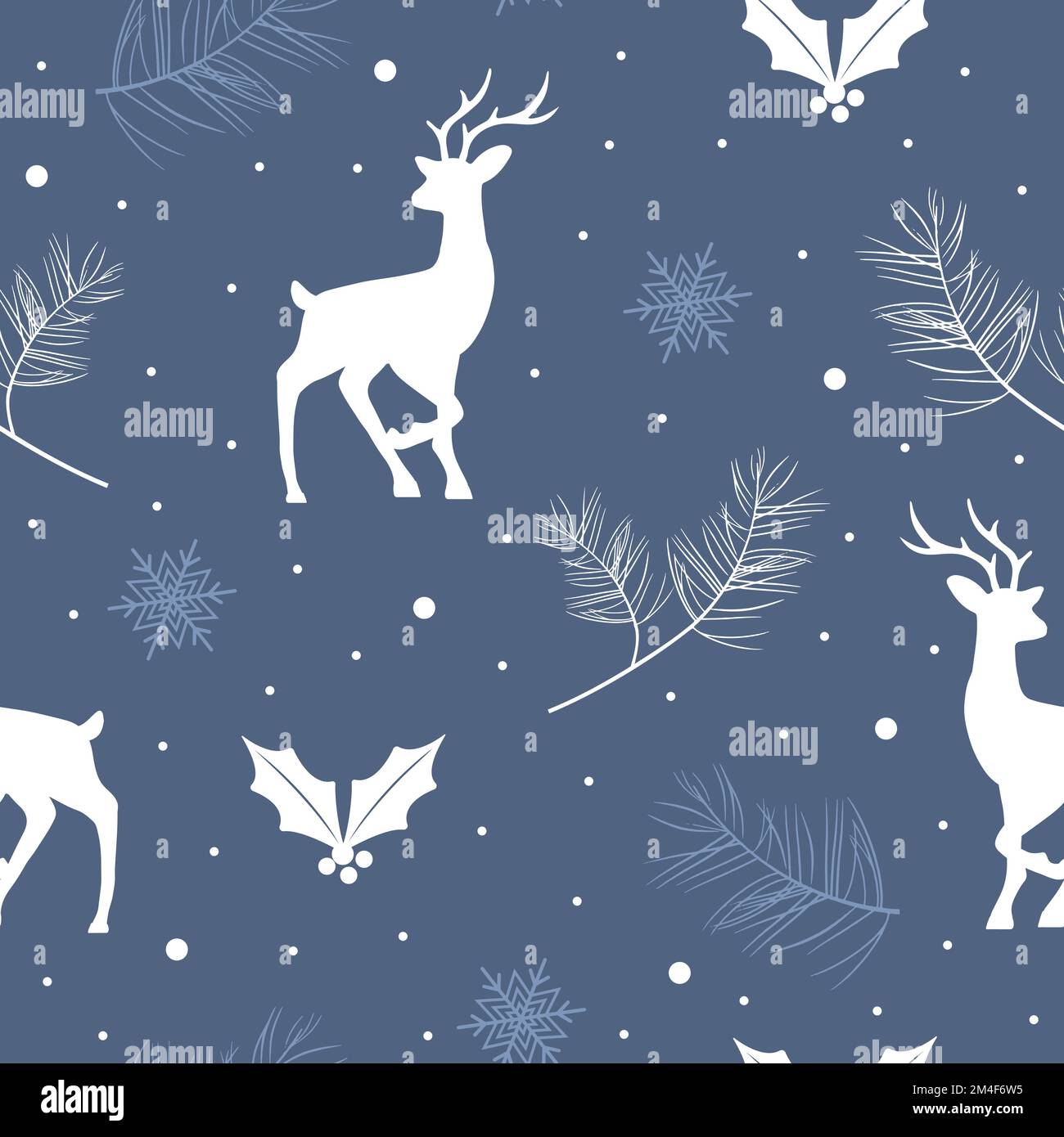 Nahtloses weihnachtsmuster mit Rentieren und Schneeflocken. Wunderschöner Winter oder Neujahr Hintergrund. Vektordarstellung im flachen Cartoon-Stil. Perfekt Stock Vektor