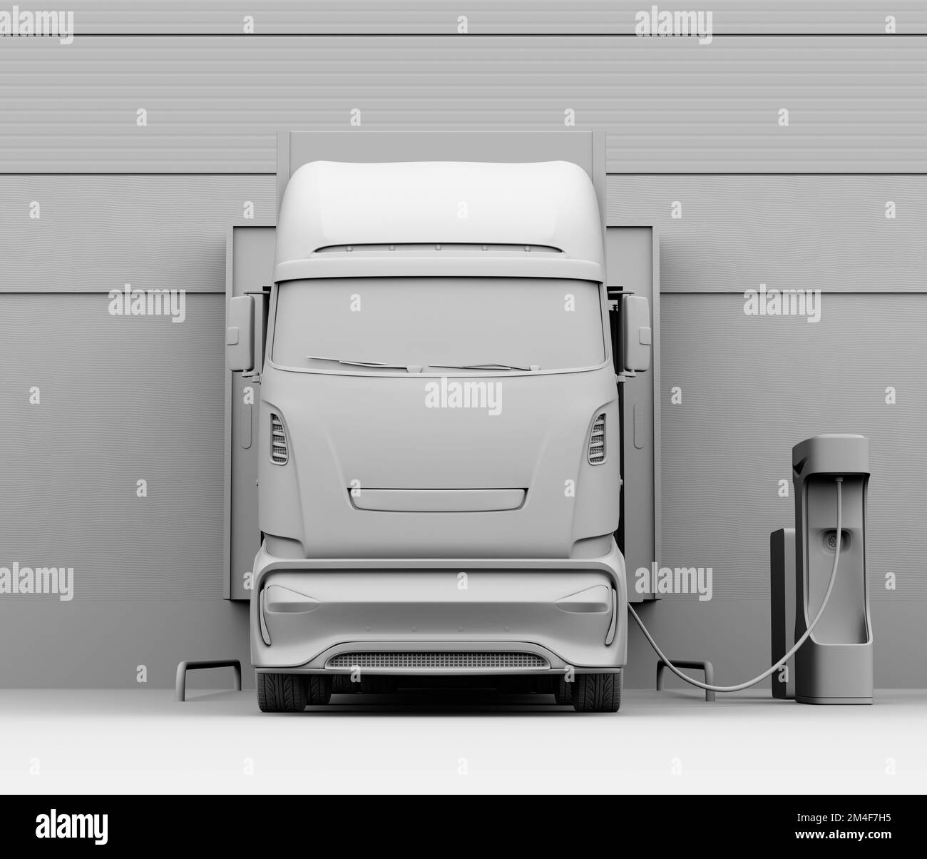 Ton-Rendering der Aufladung von Elektrofahrzeugen im Logistikzentrum. 3D-Rendering-Bild. Stockfoto
