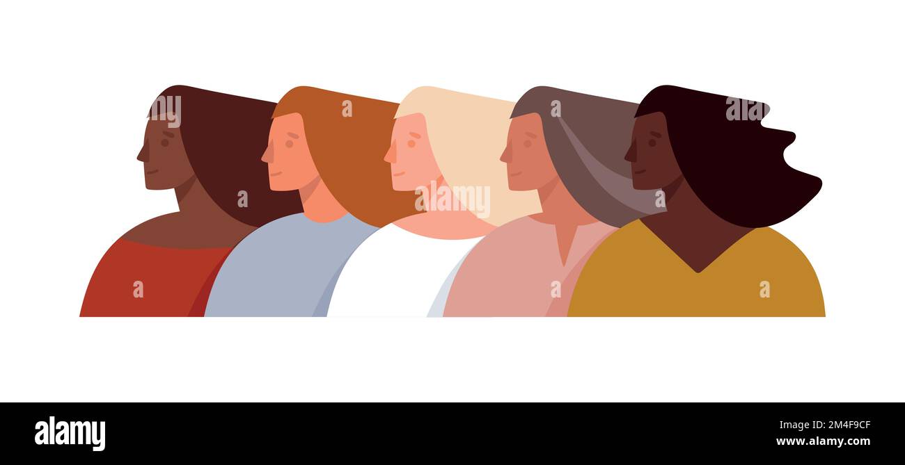 Porträt von Frauen unterschiedlicher Nationalität und Alter, Schwesternschaft, Mädchenstärke, März 8, Freundschaft und Unterstützung von Frauen. Flache Darstellung isoliert o Stock Vektor