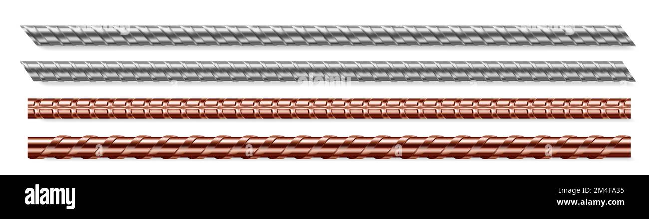 Metallstäbe, Stahl- und Kupferstäbe isoliert auf weißem Hintergrund. Verstärkte Bewehrungsstäbe aus Eisen für Bauarbeiten, metallische starre Armaturen, Anker realistisches 3D-Vektormodell Stock Vektor