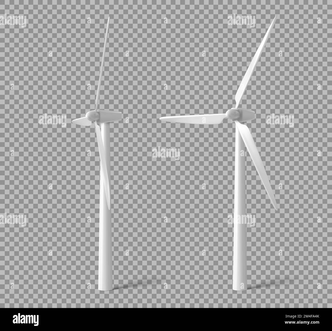 Windturbinen, Windmühlen, Energieerzeuger, Front- und Seitenansicht. Weiße Türme mit langen Leitschaufeln zur Erzeugung alternativer Ökoenergie, isoliert auf transparentem Hintergrund. Realistisches 3D-Vektormodell Stock Vektor