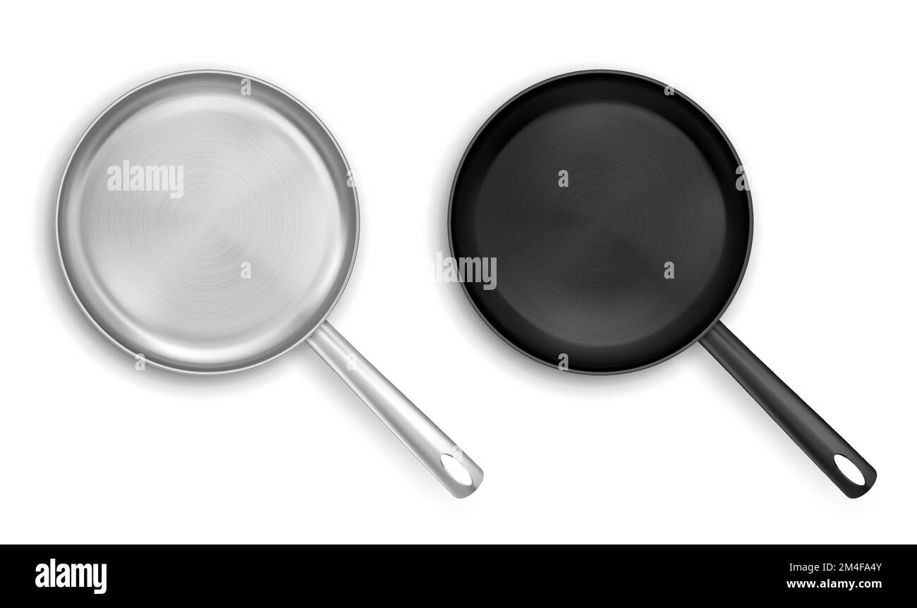 Antihaftbeschichtete Bratpfannen aus Metall und Schwarz, Draufsicht. Vektorrealistisches Modell einer leeren Stahlpfanne mit Griff. Edelstahlpfanne, Küchenutensilien zum Kochen von Speisen isoliert auf weißem Hintergrund Stock Vektor