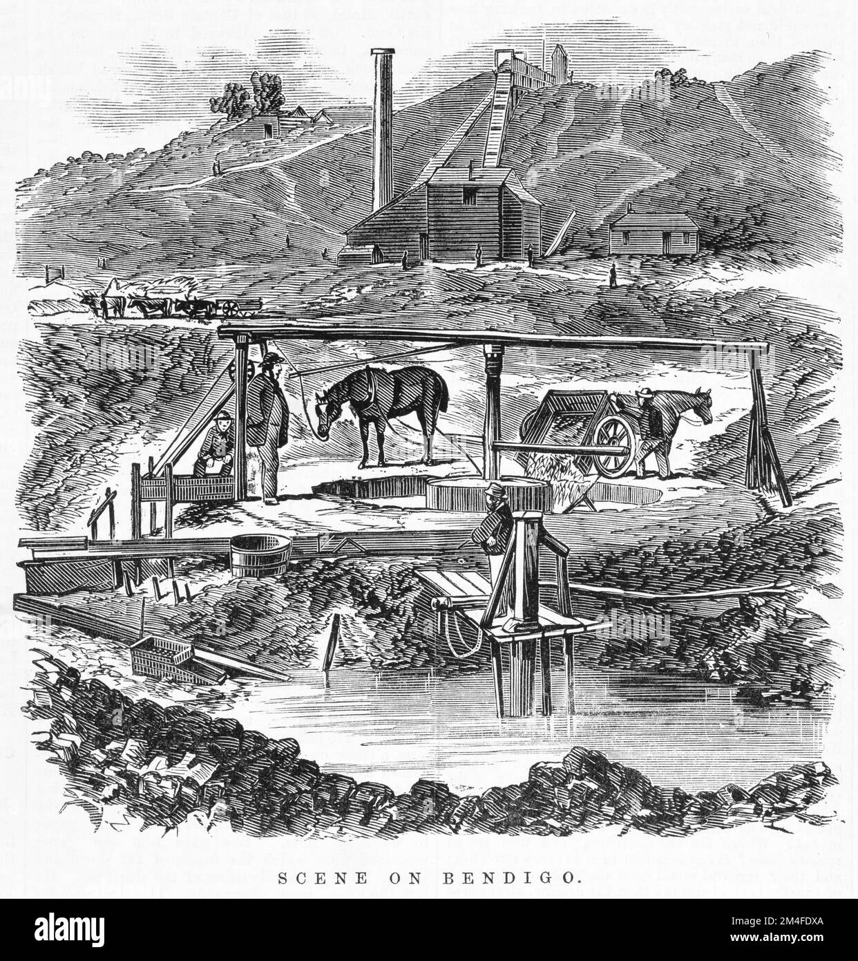 Szene Auf Bendigo. Illustration aus der australischen Zeitung von 1864. Zeigt Goldgruben im Bendigo-Bezirk. Stockfoto