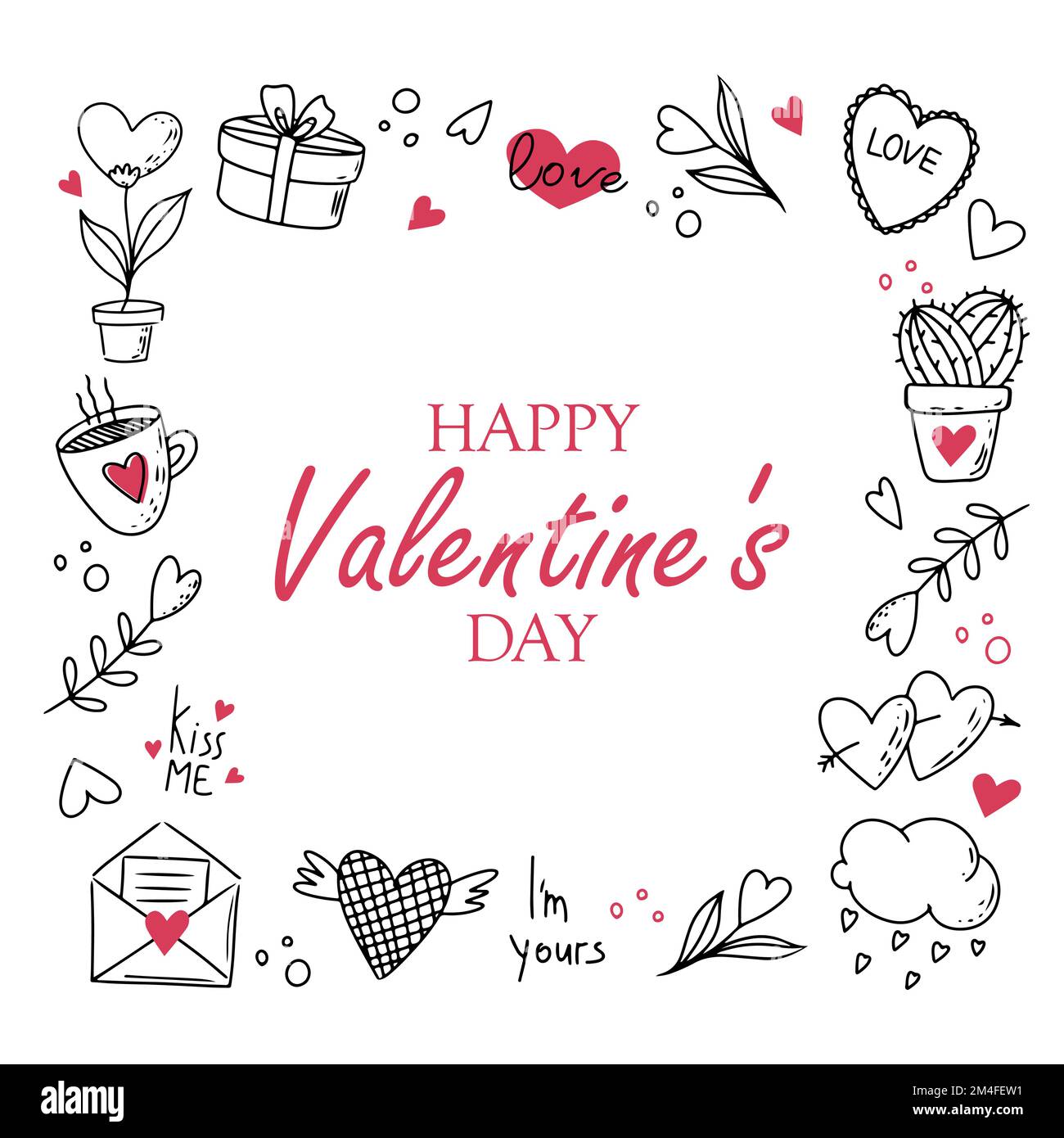 Set aus kritzelnden Valentinstag-Elementen und Text Happy Valentinstag Stock Vektor