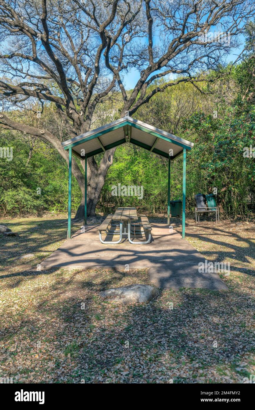 Austin, Texas - Gemeindepark mit Picknicktisch unter einem Dach. Überdachter Essbereich mit Blick auf grüne Bäume im Waldhintergrund. Stockfoto