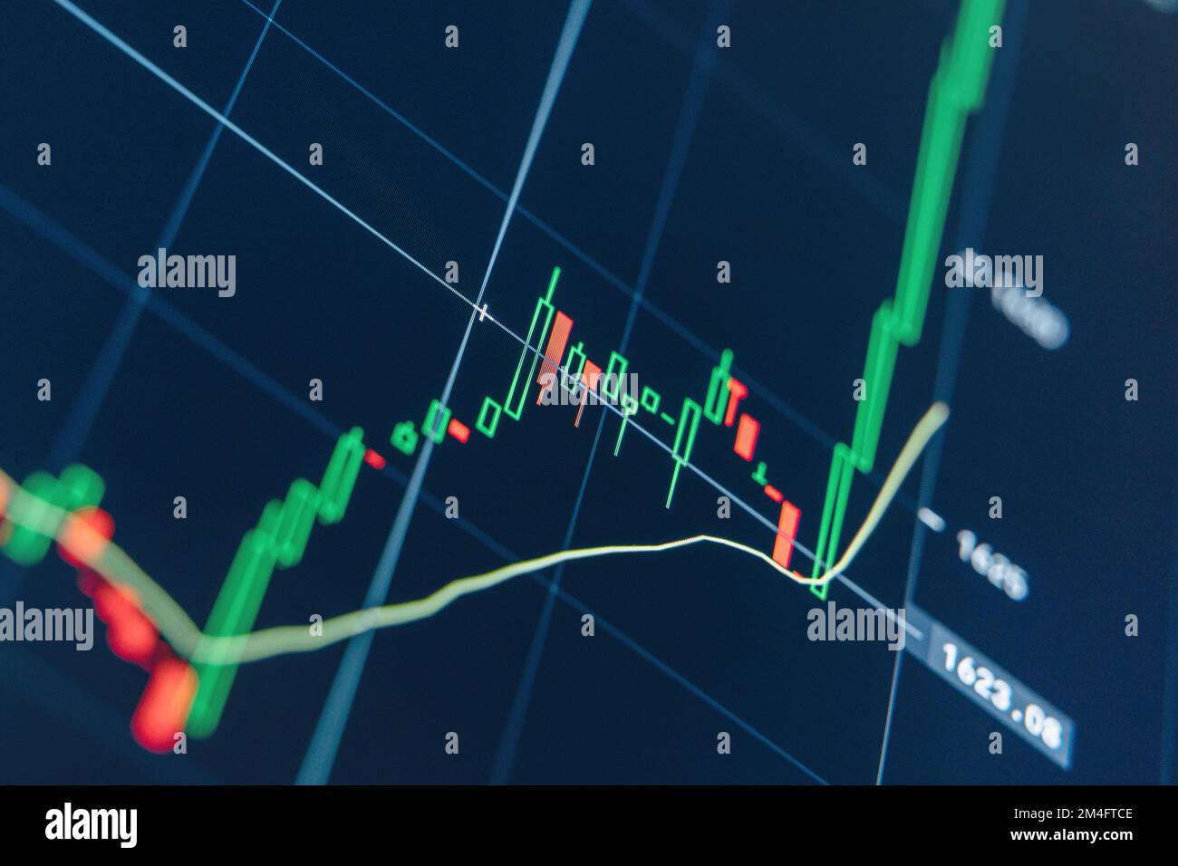 Aktiendiagramm mit grünen Kerzenleuchtern, die nach oben gehen, was darauf hinweist, dass der Wert der Krypto steigt. Grafische Darstellung von Volumina und Zeitintervallen von Ziffern Stockfoto