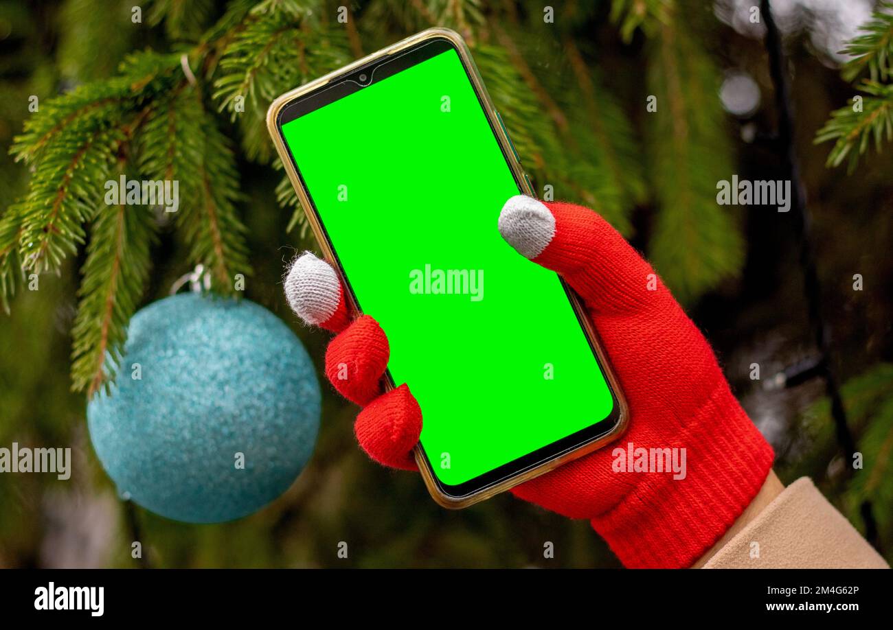 Hand in rotem Handschuh Smartphone mit grünem Bildschirm Chroma Key Display gegen natürliche Tannenbäume Zweige Fichtenkegel Stockfoto