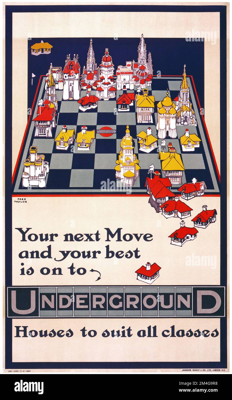 Poster der Londoner U-Bahn – Ihr nächster Schritt und Ihr Bestes geht weiter zu den Underground Houses für alle Klassen - Fred Taylor 1914 Stockfoto
