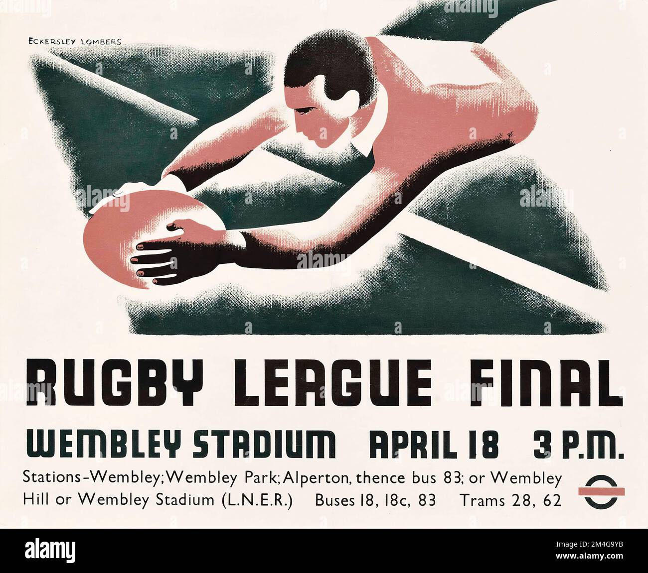 Poster der Londoner U-Bahn für das RUGBY LEAGUE-FINALE 1936 im Wembley Stadium Stockfoto