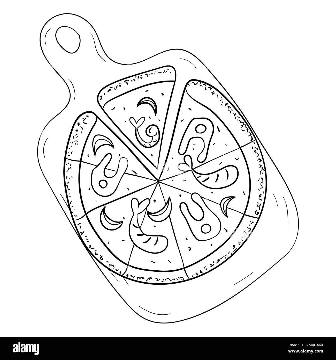 Pizza mit Meeresfrüchten auf der Bretterlinie Kunstvektor Stock Vektor