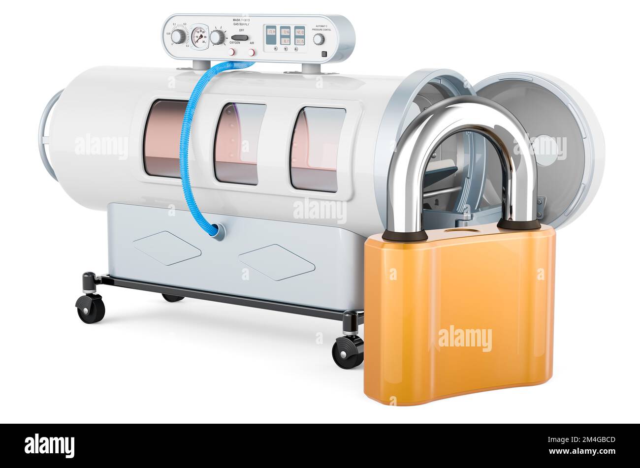 Tauchkammer mit Vorhängeschloss, 3D-Rendering auf weißem Hintergrund isoliert Stockfoto